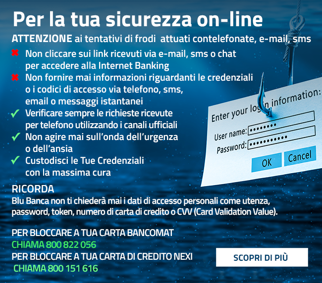 Fai attenzione ai tentativi di phishing. Blu Banca non chiederà mai i dati di accesso tramite email o telefono.