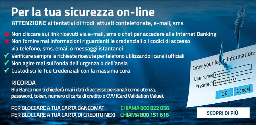 Fai attenzione ai tentativi di phishing. Blu Banca non chiederà mai i dati di accesso tramite email o telefono.